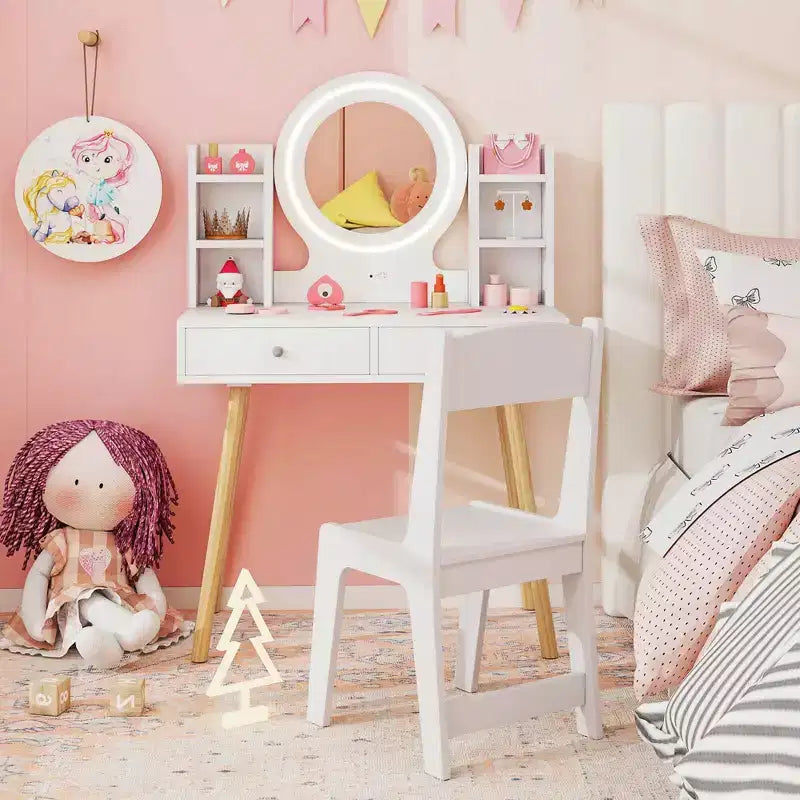 Coiffeuse Enfant Princesse avec Miroir Acrylique Lumineux LED 2 Couleurs Blanc/Rose