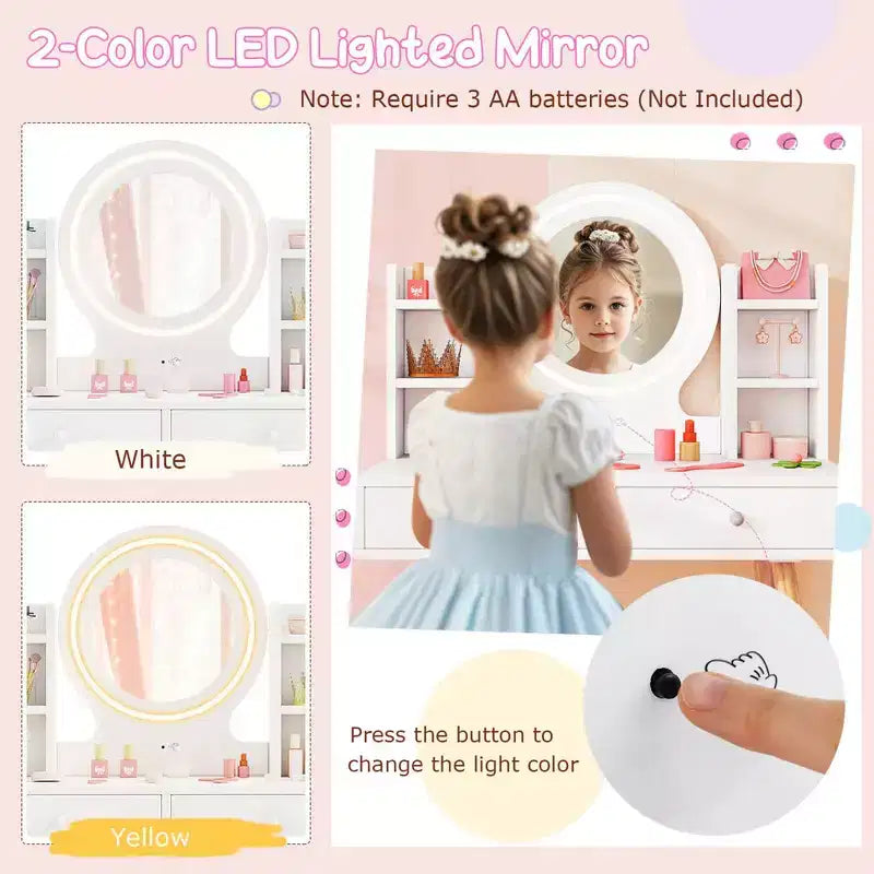 Coiffeuse Enfant Princesse avec Miroir Acrylique Lumineux LED 2 Couleurs Blanc/Rose