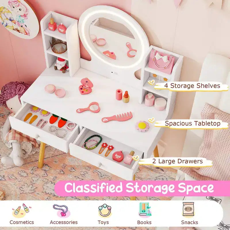 Coiffeuse Enfant Princesse avec Miroir Acrylique Lumineux LED 2 Couleurs Blanc/Rose