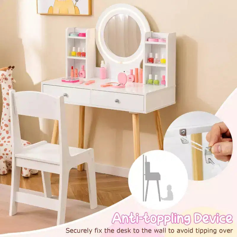 Coiffeuse Enfant Princesse avec Miroir Acrylique Lumineux LED 2 Couleurs Blanc/Rose