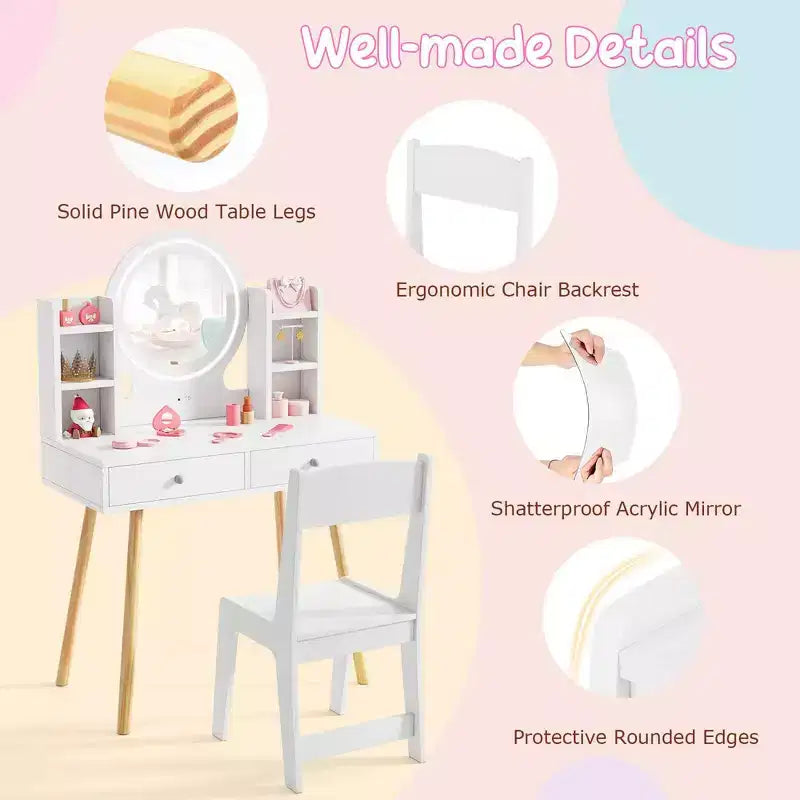 Coiffeuse Enfant Princesse avec Miroir Acrylique Lumineux LED 2 Couleurs Blanc/Rose