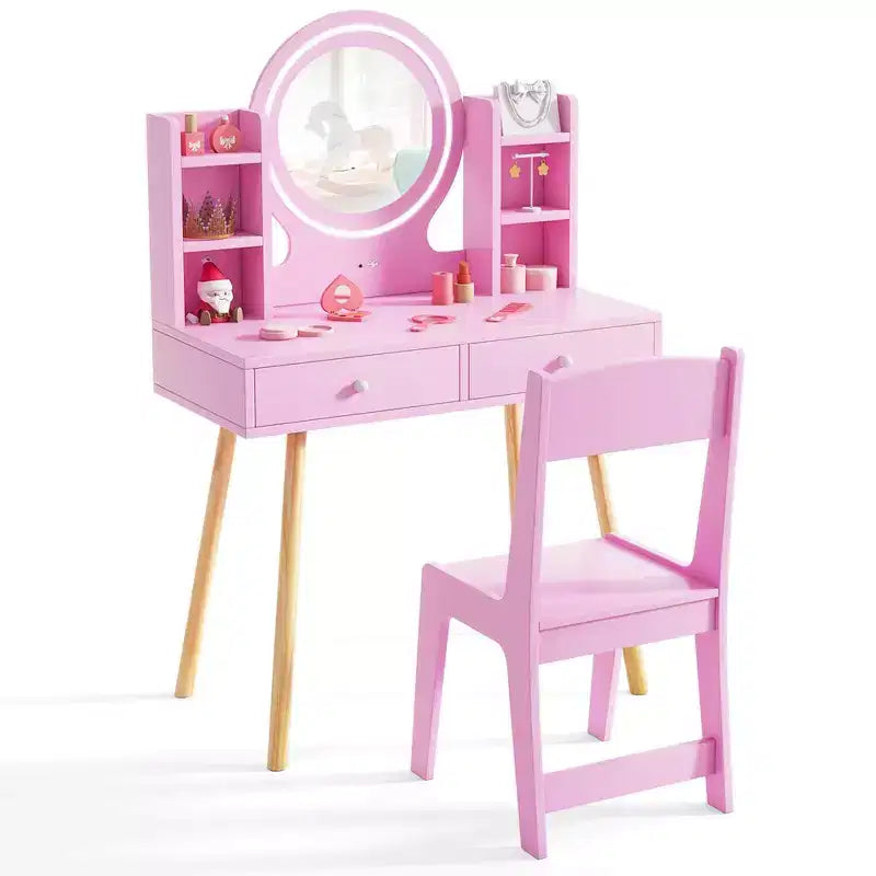 Coiffeuse Enfant Princesse avec Miroir Acrylique Lumineux LED 2 Couleurs Blanc/Rose