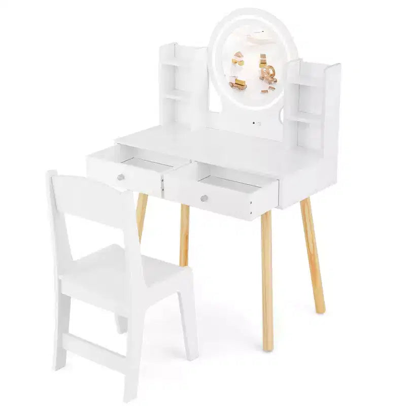 Coiffeuse Enfant Princesse avec Miroir Acrylique Lumineux LED 2 Couleurs Blanc/Rose