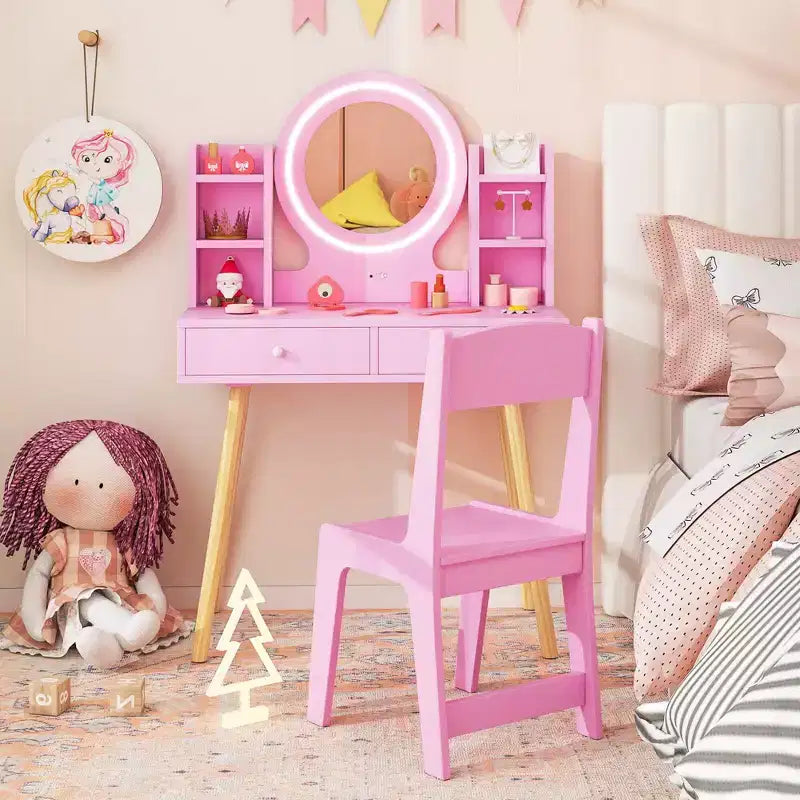 Coiffeuse Enfant Princesse avec Miroir Acrylique Lumineux LED 2 Couleurs Blanc/Rose