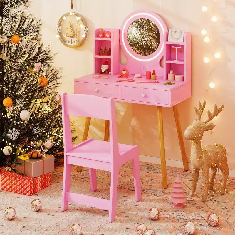 Coiffeuse Enfant Princesse avec Miroir Acrylique Lumineux LED 2 Couleurs Blanc/Rose