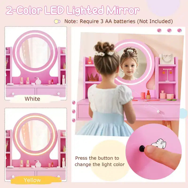 Coiffeuse Enfant Princesse avec Miroir Acrylique Lumineux LED 2 Couleurs Blanc/Rose
