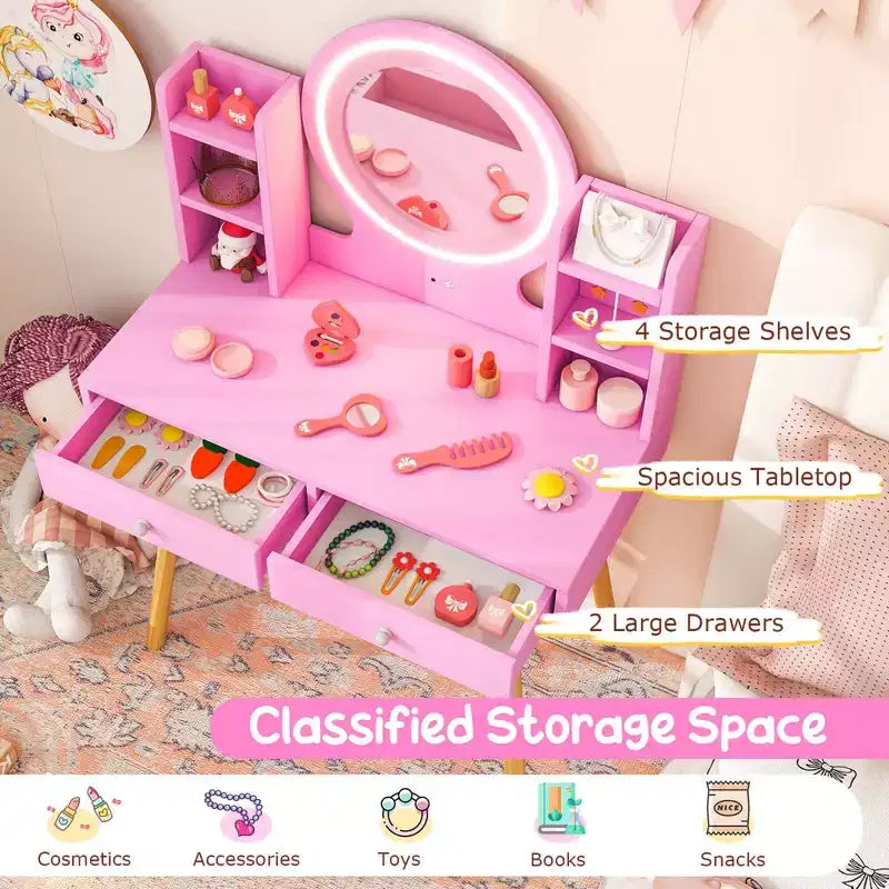 Coiffeuse Enfant Princesse avec Miroir Acrylique Lumineux LED 2 Couleurs Blanc/Rose