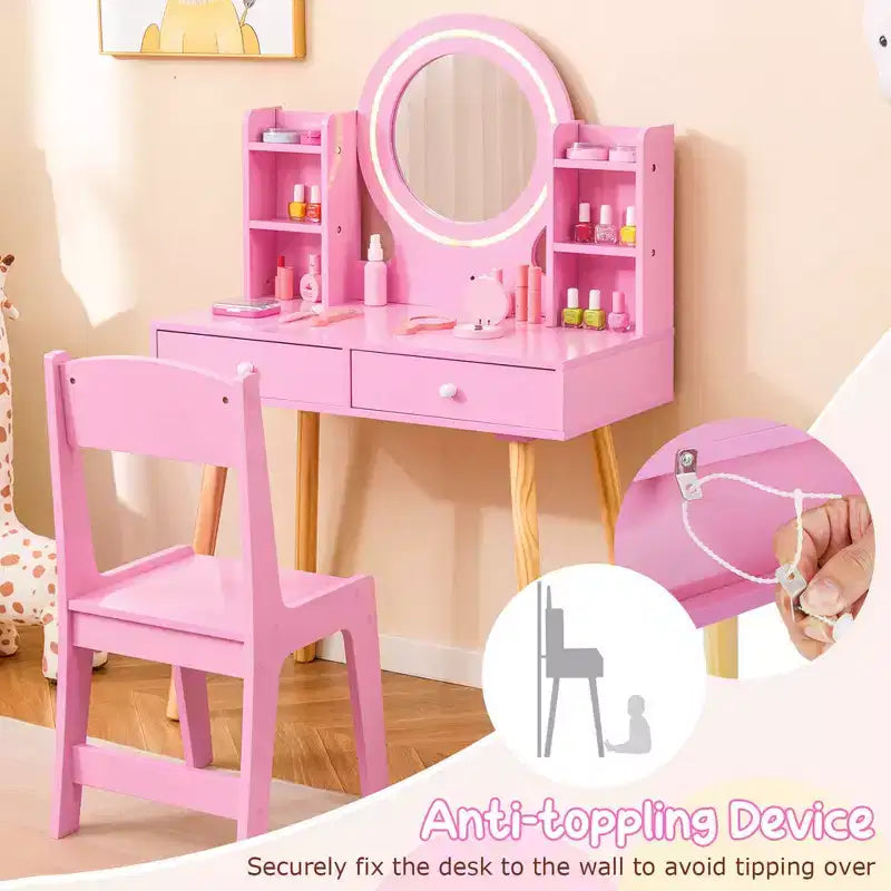 Coiffeuse Enfant Princesse avec Miroir Acrylique Lumineux LED 2 Couleurs Blanc/Rose