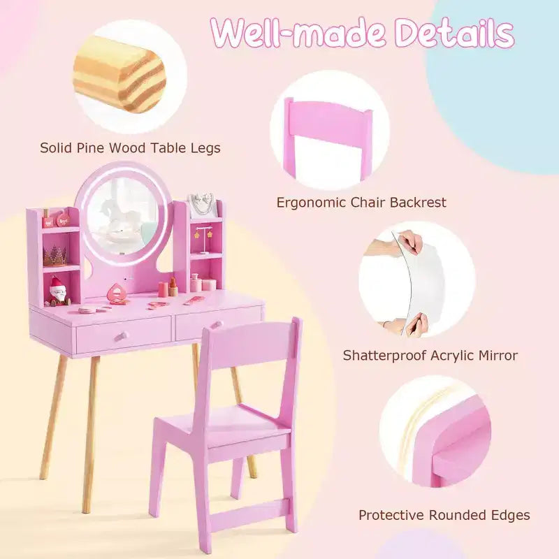 Coiffeuse Enfant Princesse avec Miroir Acrylique Lumineux LED 2 Couleurs Blanc/Rose