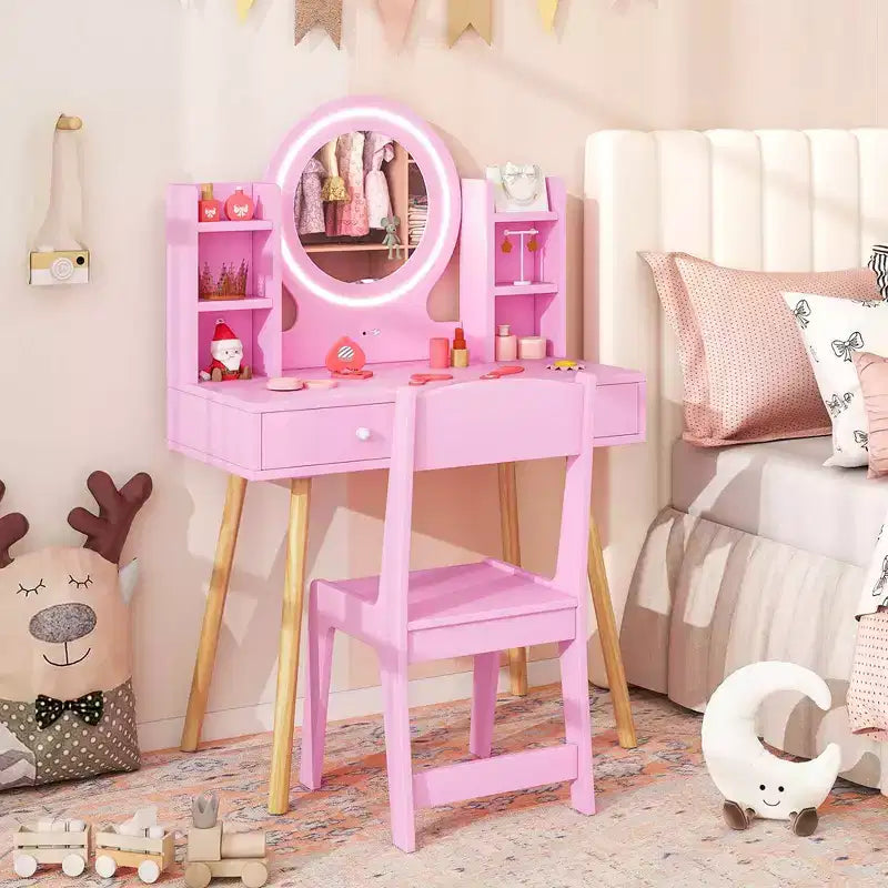 Costway Kids Vanity Set Princess Vanity Desk Set with 2-Color LED Lighted Acrylic Mirror White/Pink