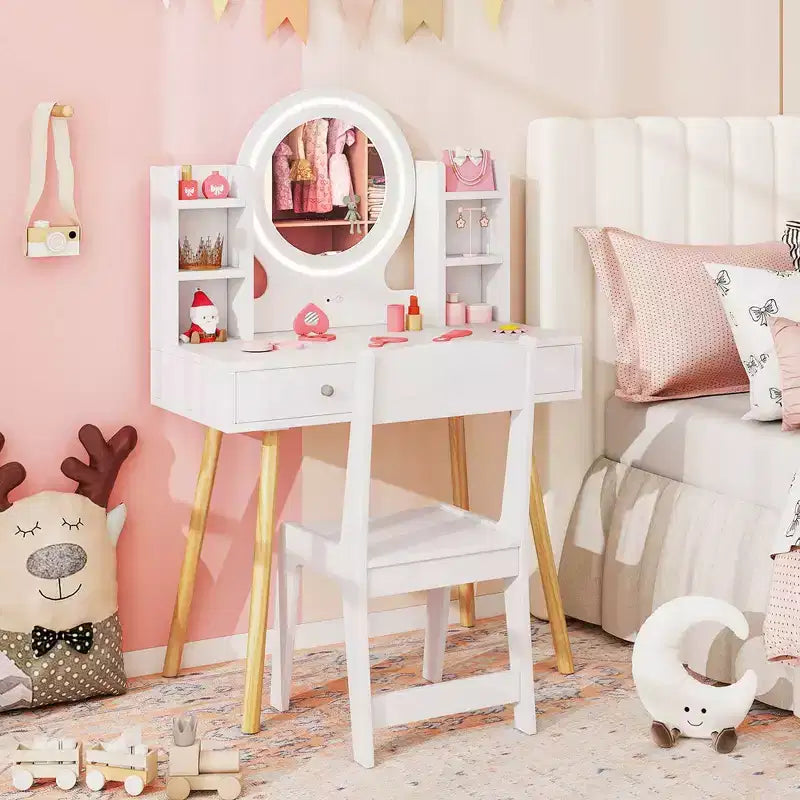 Coiffeuse Enfant Princesse avec Miroir Acrylique Lumineux LED 2 Couleurs Blanc/Rose