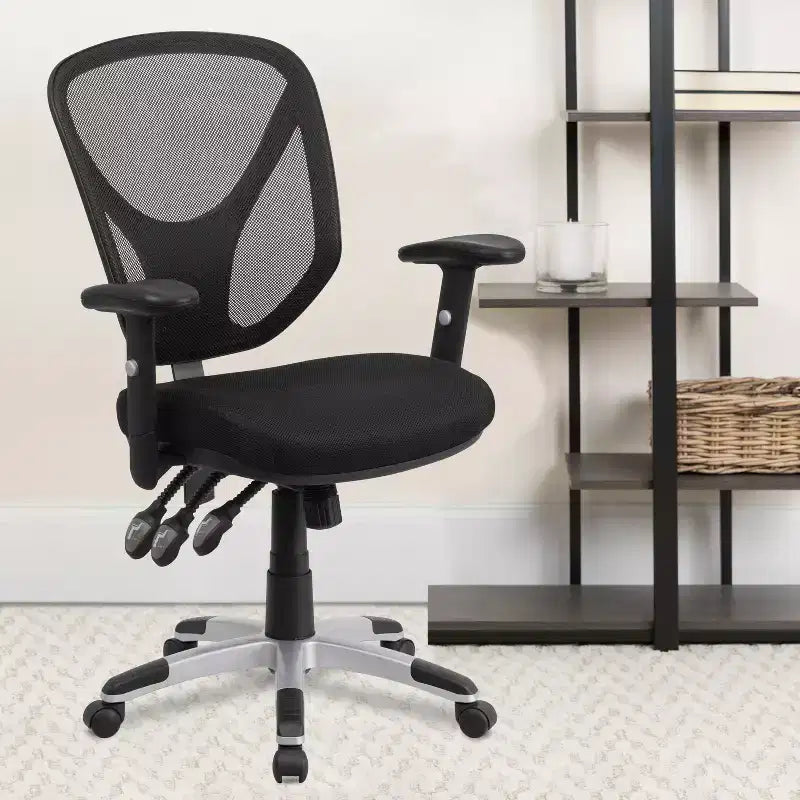 Chaise de bureau ergonomique multifonction pivotante en maille noire à dossier mi-haut