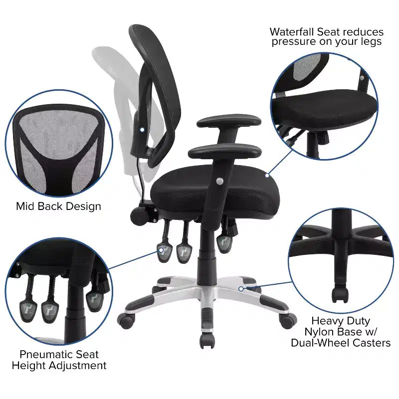 Chaise de bureau ergonomique multifonction pivotante en maille noire à dossier mi-haut