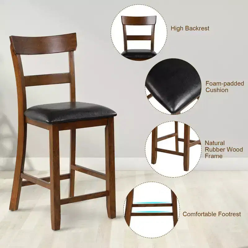 Lot de 2 tabourets de bar à hauteur de comptoir avec assise en cuir et pieds en bois d'hévéa