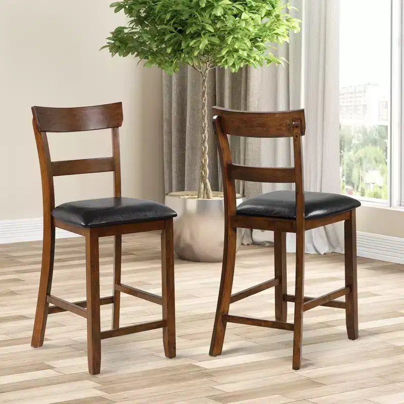 Lot de 2 tabourets de bar à hauteur de comptoir avec assise en cuir et pieds en bois d'hévéa